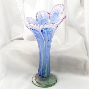 Handblown Art Glass Vase Pink & Blue Swirl Design Pulled Swung Glass 9.5"Tall